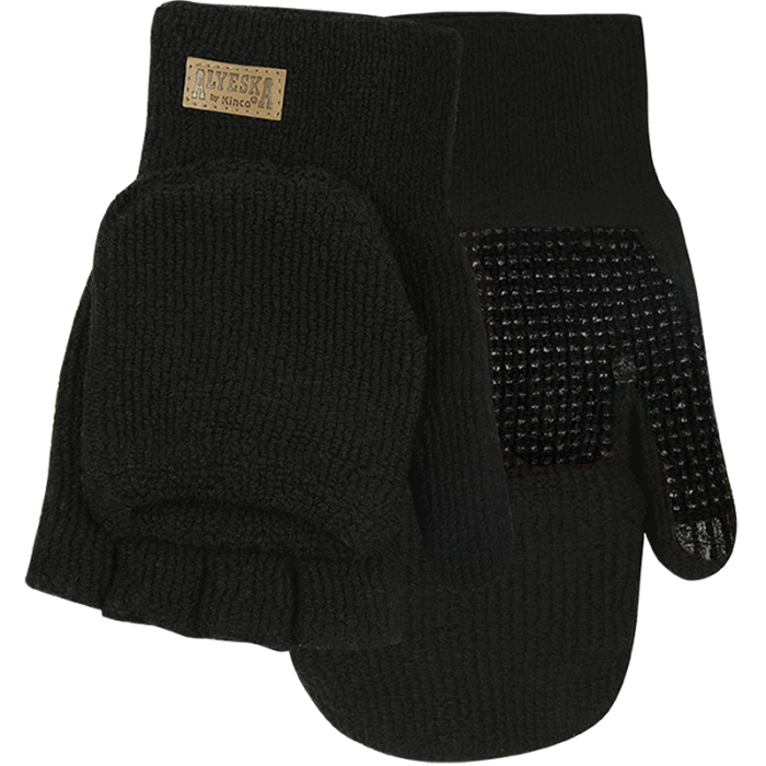 Kinco Alyeska Lined Knit Half Finger Gloves - Convertable Mitten Hood, Black, Large (5110-L)