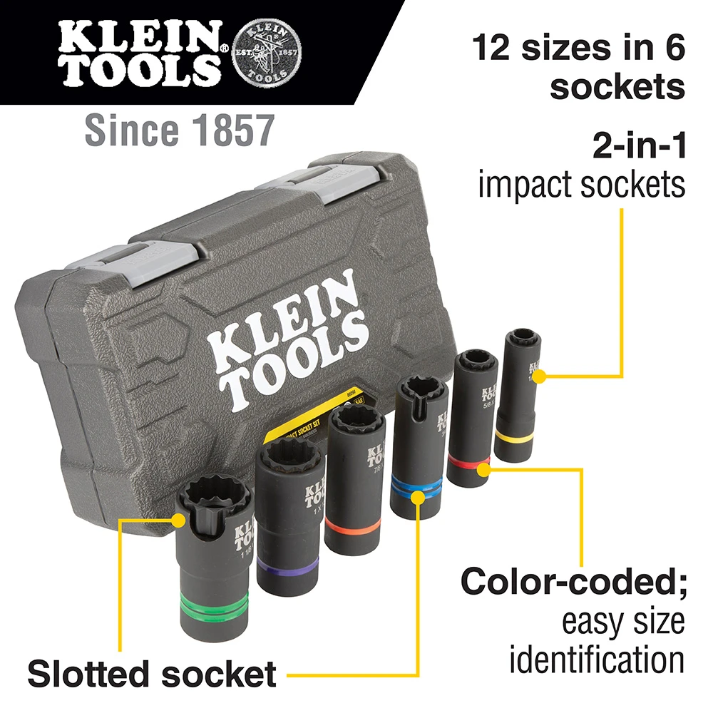 Klein 2-In-1 Slotted Impact Socket Set, 12-Point, 6-Piece (66090) — product image 2