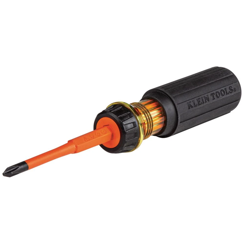 Klein 32293 insulated flip-blade screwdriver showing its Phillips tip