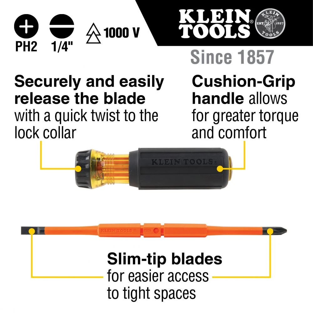 Klein 32293 Flip-Blade Insulated Screwdriver, 2-in1, Ph Bit #2, Sl Bit 1/4-Inch — product image 2
