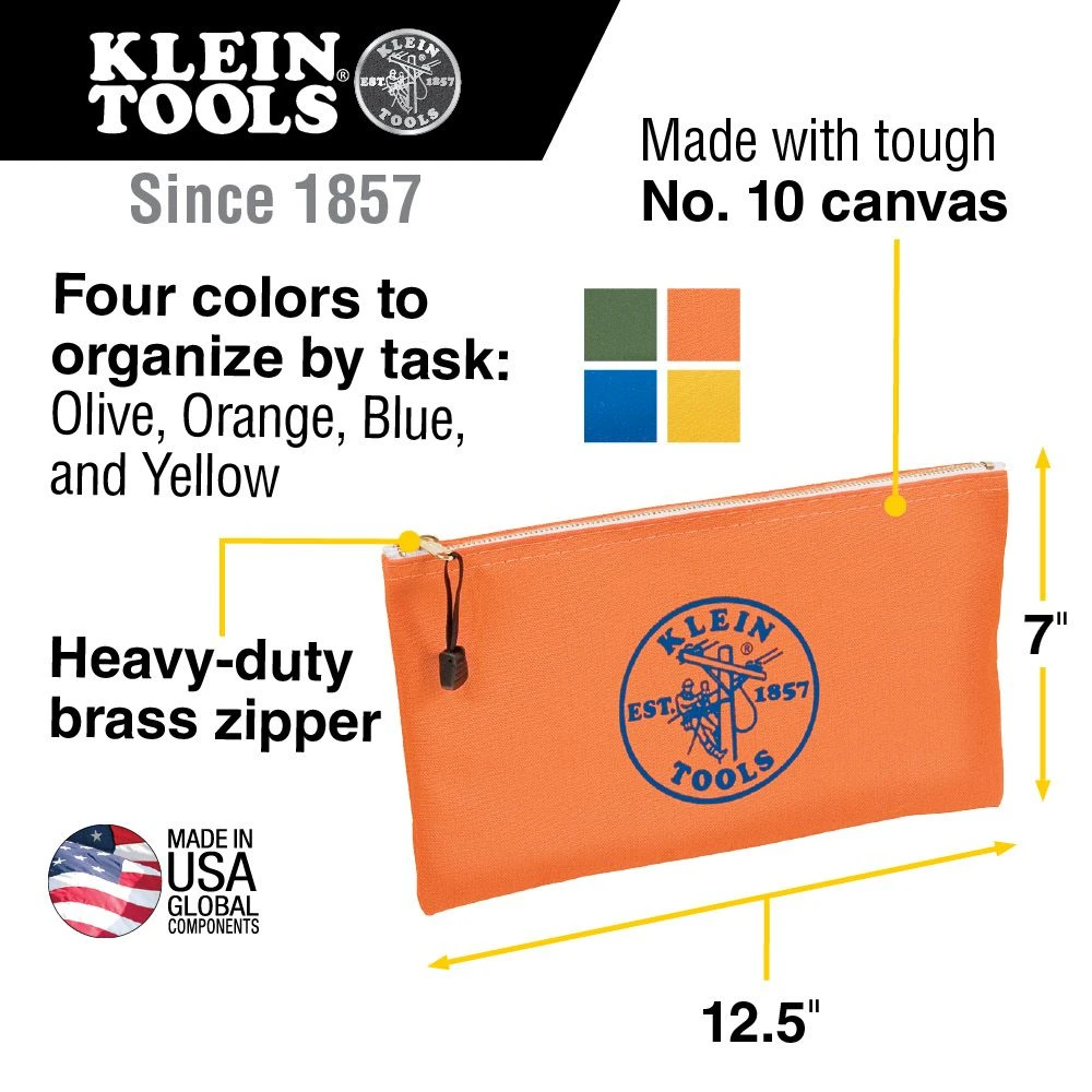 Klein 5140 Zipper Bags, Canvas Tool Pouches Olive/Orange/Blue/Yellow, 4-Pack — product image 2