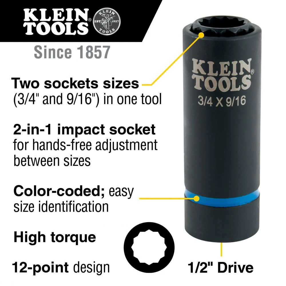Klein 66001 2-in-1 Impact Socket, 12-Point, 3/4 and 9/16-Inch — product image 2