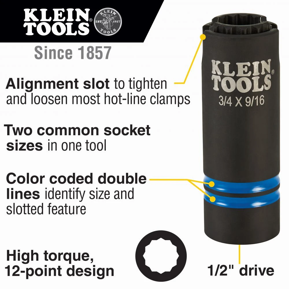 Klein 66031 3-in-1 Slotted Impact Socket, 12-Point, 3/4 and 9/16-Inch — product image 2