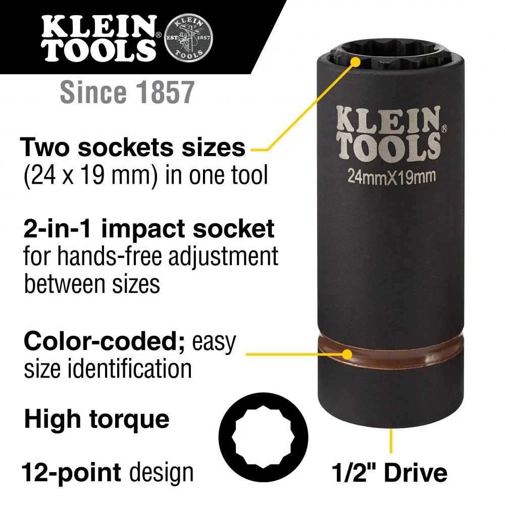 Klein 66052E 2-in-1 Metric Impact Socket, 12-Point, 24 x 19 mm — product image 2
