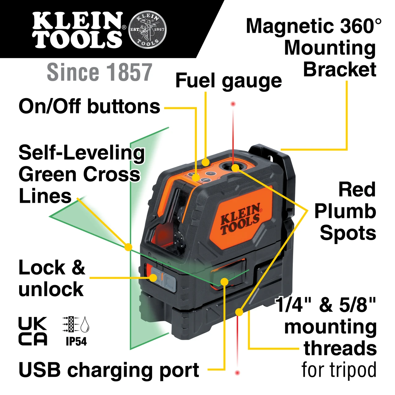 Klein Rechargeable Self-Leveling Gn Cross-Line Laser Level W/Red Plumb (93LCLGR) — product image 2