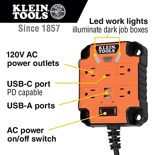 Klein Tools 29601 Magnetic Power Strip w/ Surge Protector, Power Supply w/ Light — product image 2