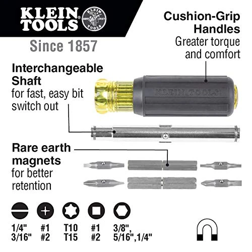 Klein Tools 32500MAG Magnetic Multi-Bit Screwdriver / Nut Driver, 11-in-1 Tool — product image 2