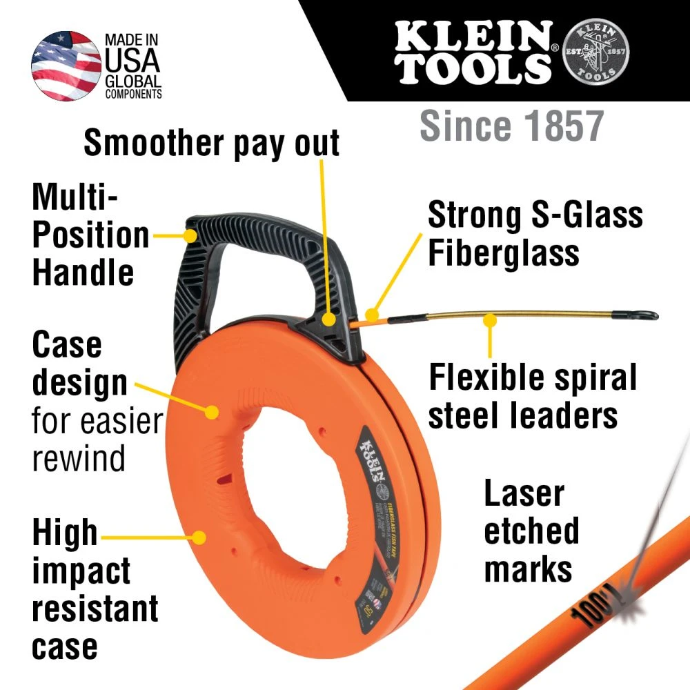 Klein Tools 56351 Fiberglass Fish Tape with Spiral Steel Leader, 100-Foot — product image 2