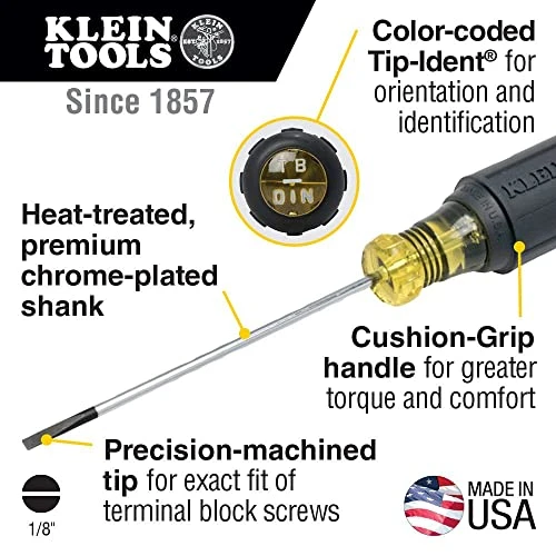 Klein Tools 612-4 Flat Head Terminal Block Screwdriver, 1/8-Inch Cabinet Tip, 4" — product image 2