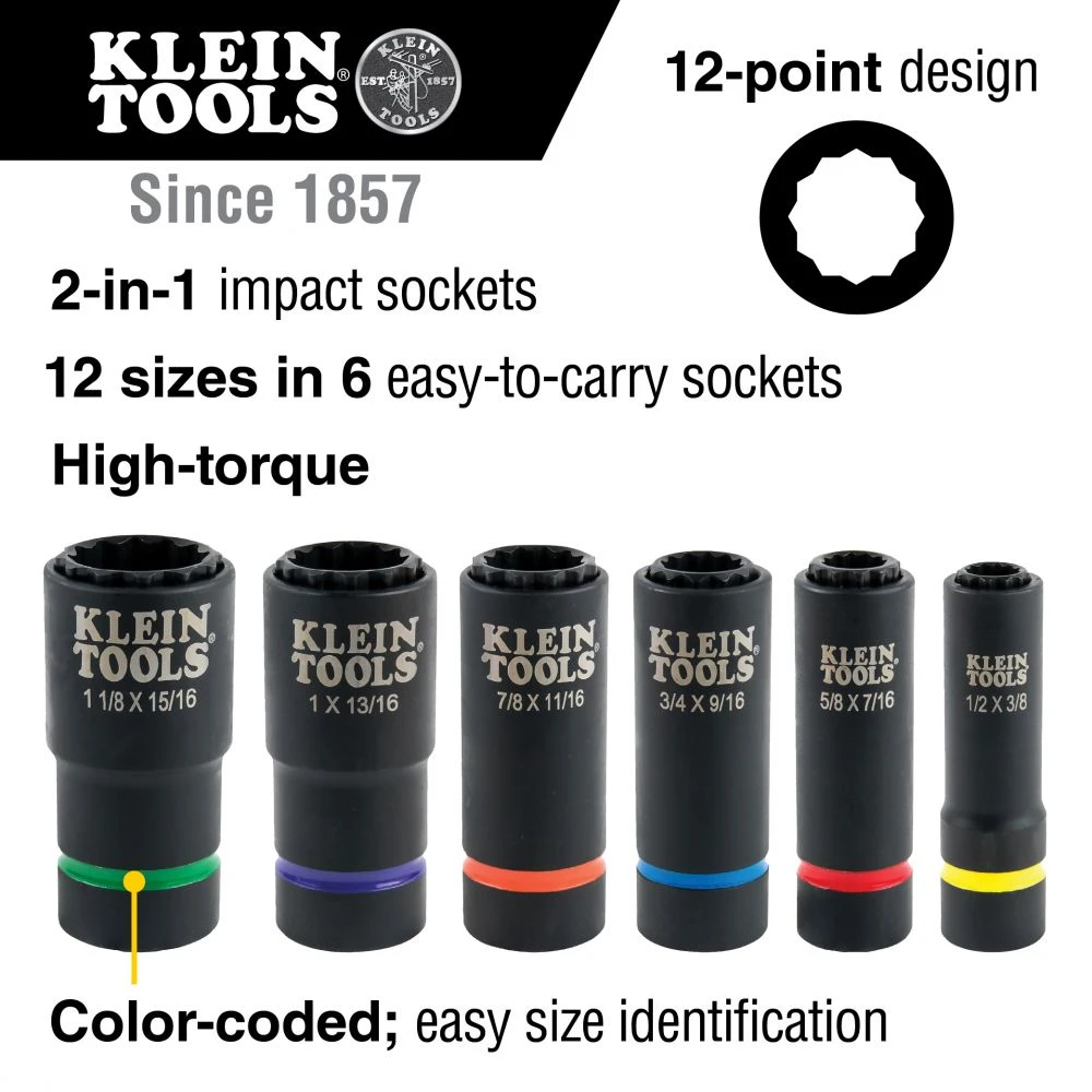 Klein Tools 66010 2-In-1 Impact Socket Set, 12-Point, 6-Piece — product image 2