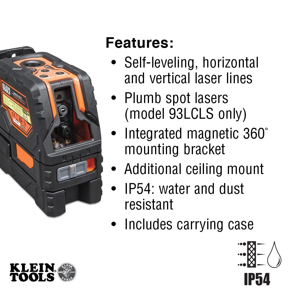 Klein Tools 93LCLS Laser Level, Self-Leveling Red Cross-Line Level & Plumb Spot — product image 3