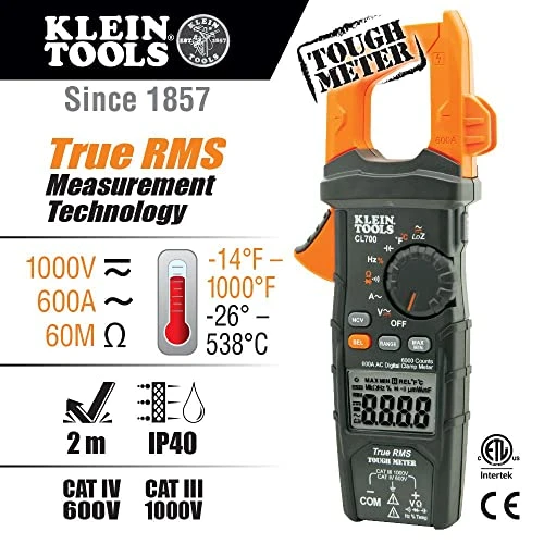 Klein Tools CL700 Autoranging Digital Clamp Meter, TRMS 600Amp, AC/DC Volts — product image 2