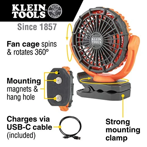 Klein Tools PJSFM1 Battery Operated Rechargeable Fan with USB-C Charging Cord — product image 2