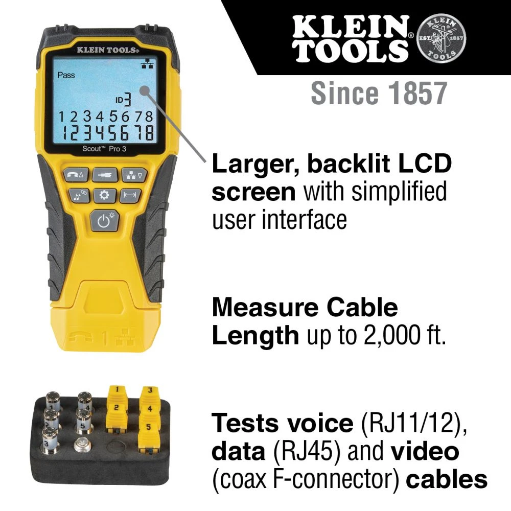 Klein VDV501851 Cable Tester Kit W/Scout Pro 3 Tester, Remotes, Adapter, Battery — product image 2