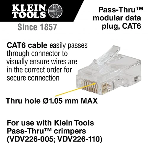 Klein VDV826-703 Pass-Thru Modular Data Plug, RJ45 CAT6, Pass Through Connectors — product image 2