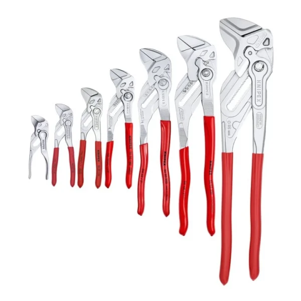 Seven Knipex pliers wrenches with smooth jaws and red-coated handles
