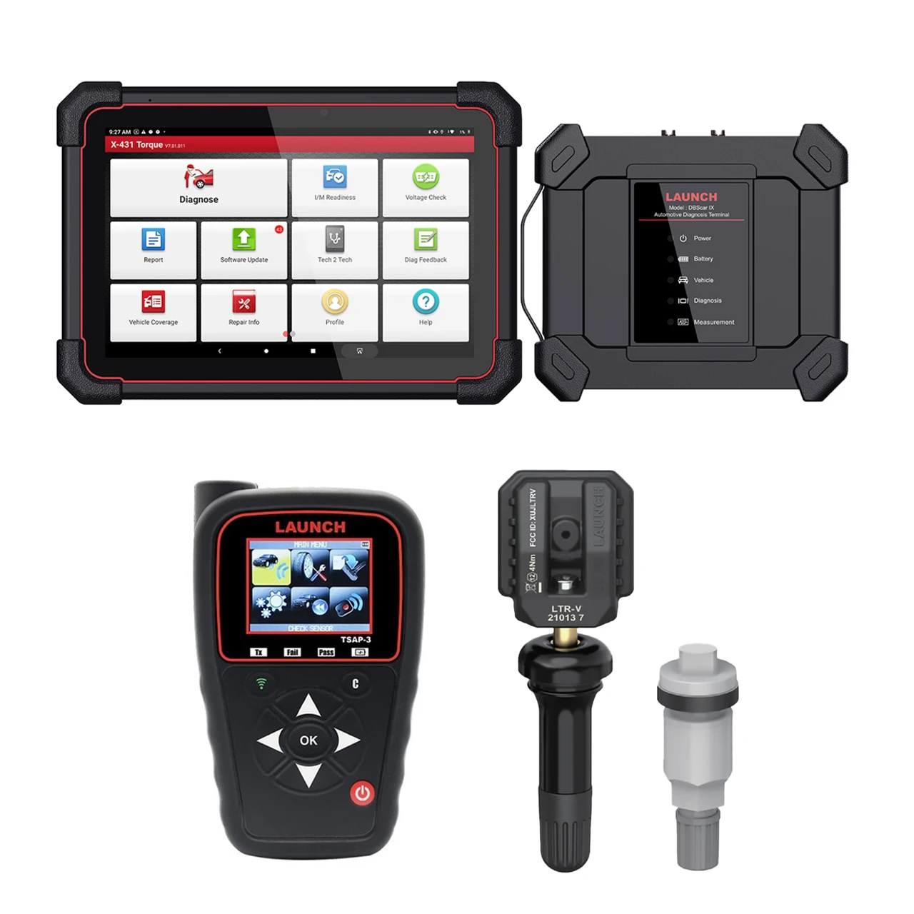 Launch Torque 5 tablet pictured with TPMS tool and sensor illustrations