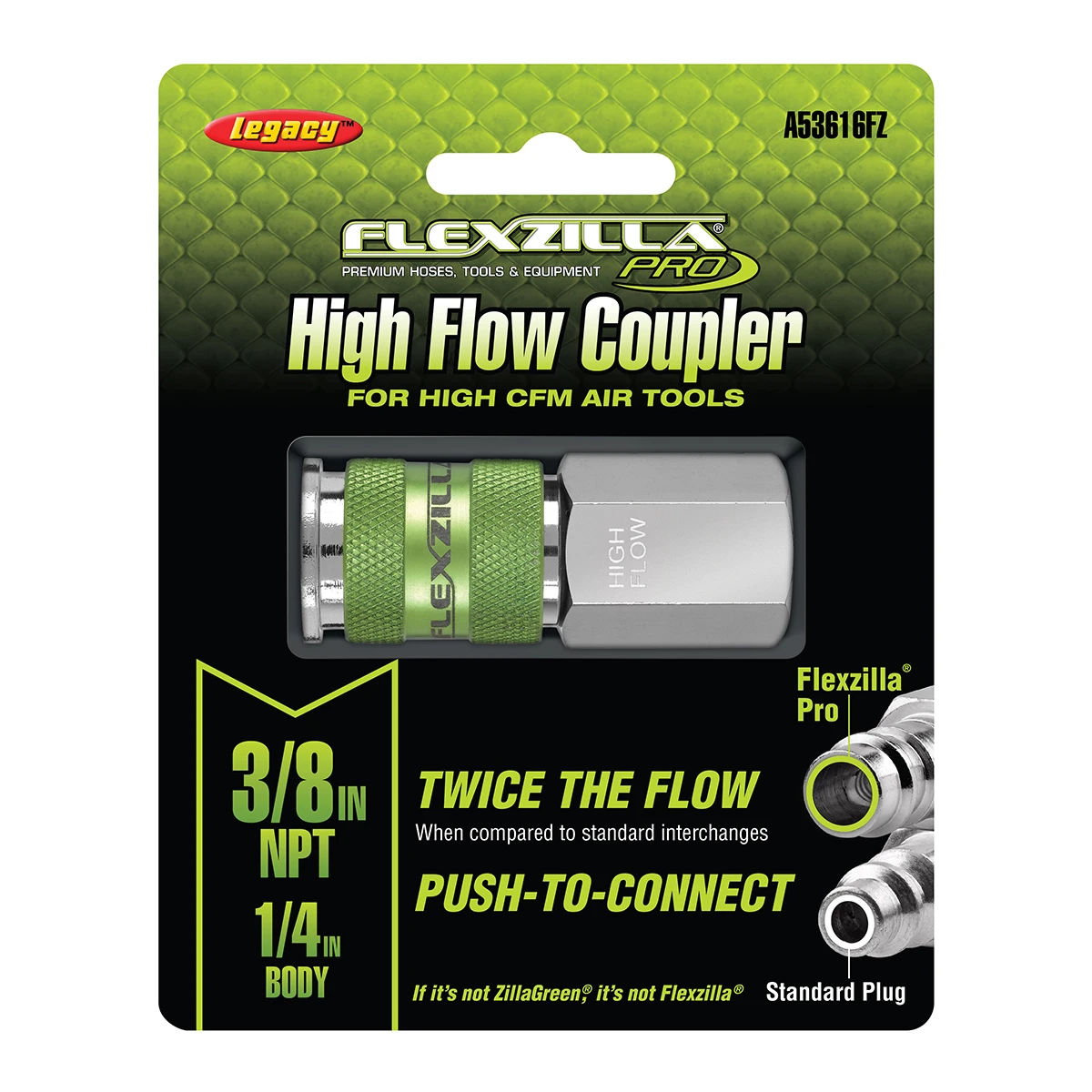 Flexzilla Pro High Flow Coupler 3/8 FNPT 1/4 Body ZillaGreen Nickel (A53616FZ) — product image 2