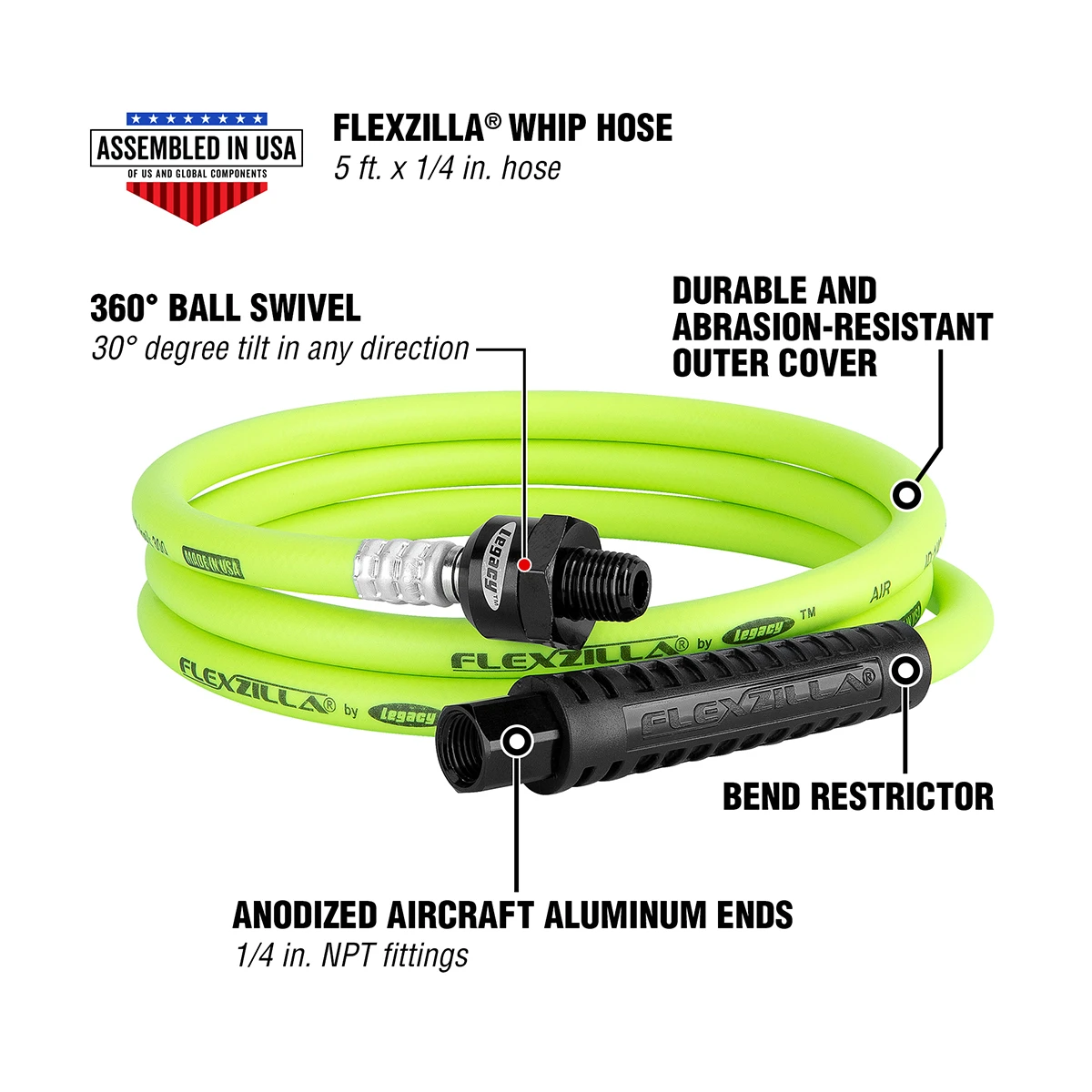 Flexzilla ZillaWhip 1/4" x 5' Ball Swivel Whip Hose (HFZ1405YW2B) — product image 2