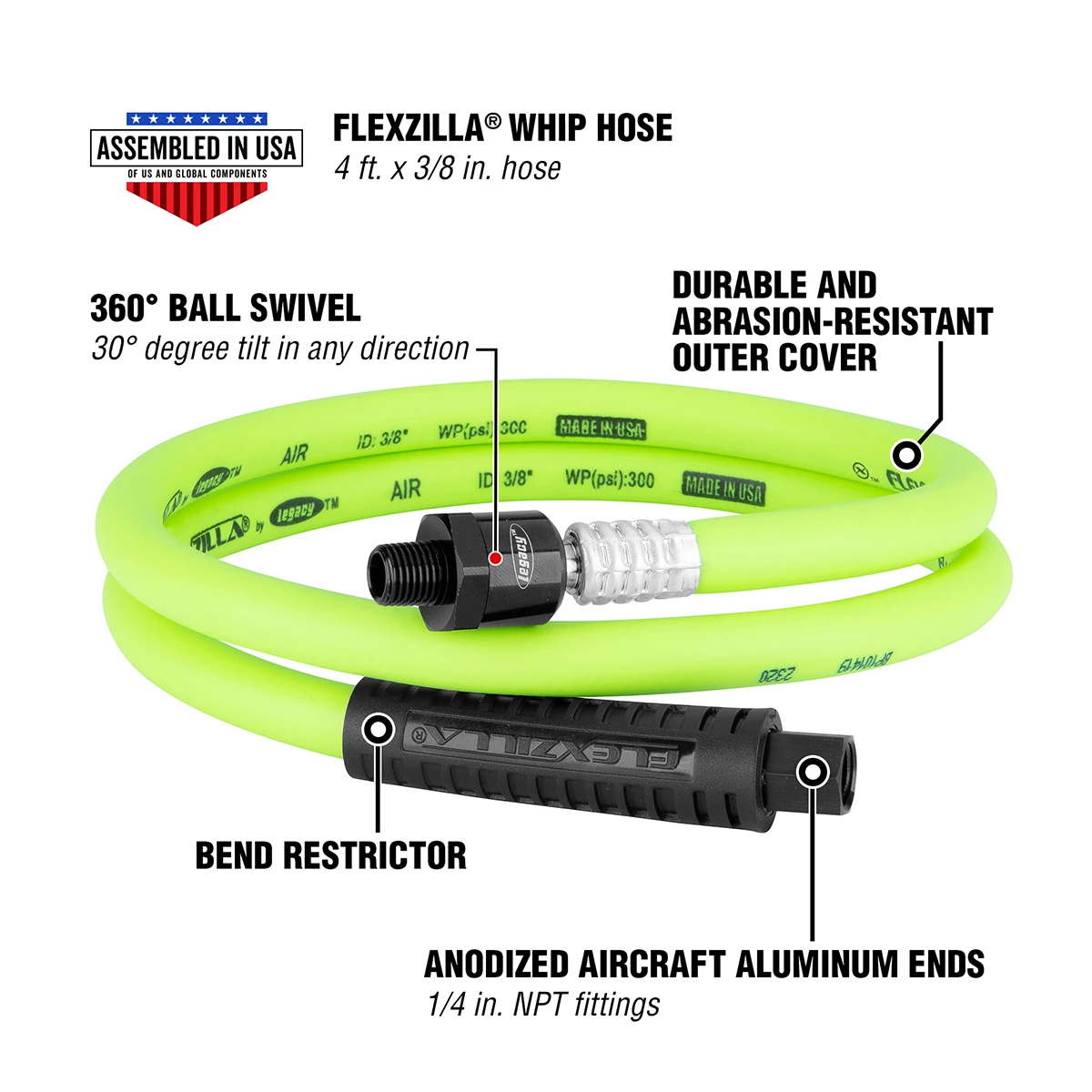 Flexzilla Legacy Whip Hose, 3/8" x 4', Hybrid Polymer (HFZ3804YW2B) — product image 2
