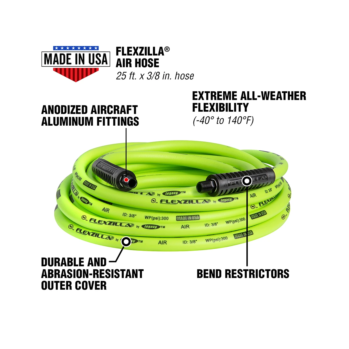 Flexzilla Legacy Air Hose, 25 ft, 3/8" Hybrid Polymer (HFZ3825YW2) — product image 2