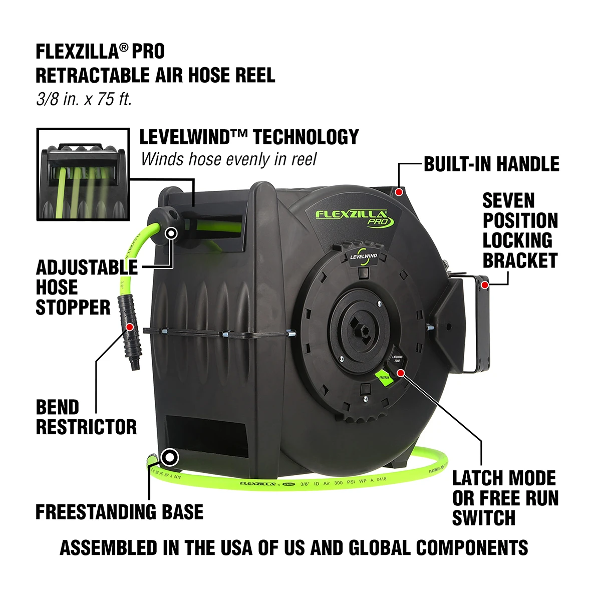 Flexzilla Legacy L8306FZ Levelwind 3/8" x 75' Hose Reel (L8306FZ) — product image 2