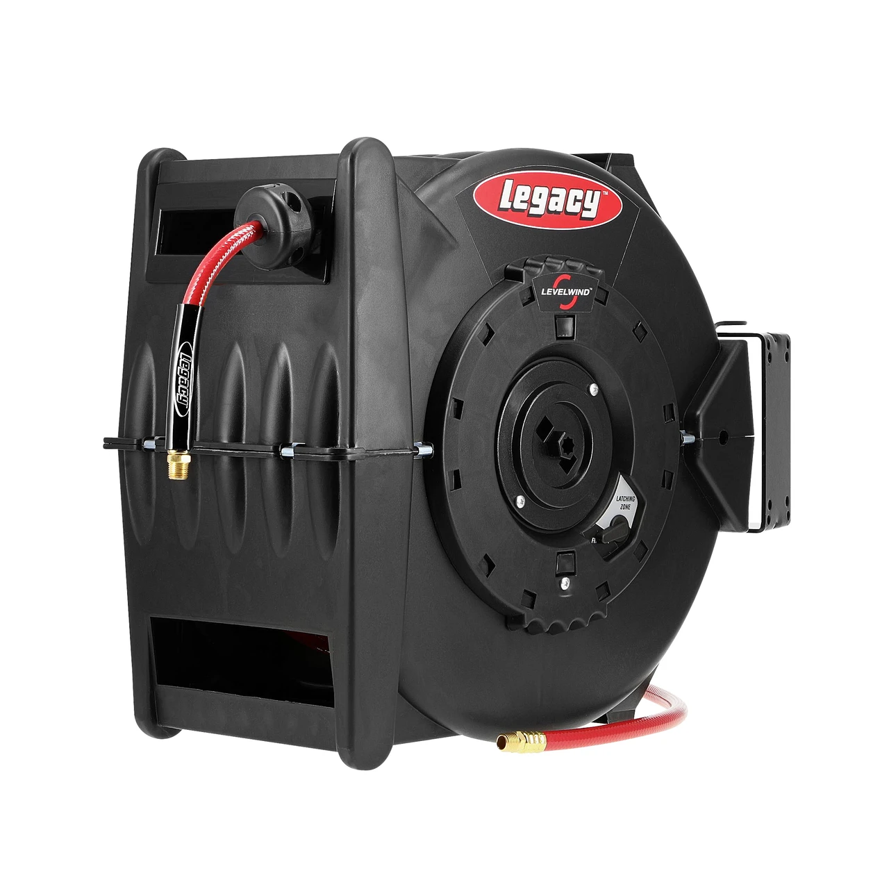 Legacy enclosed black air hose reel with carrying handle and red hose