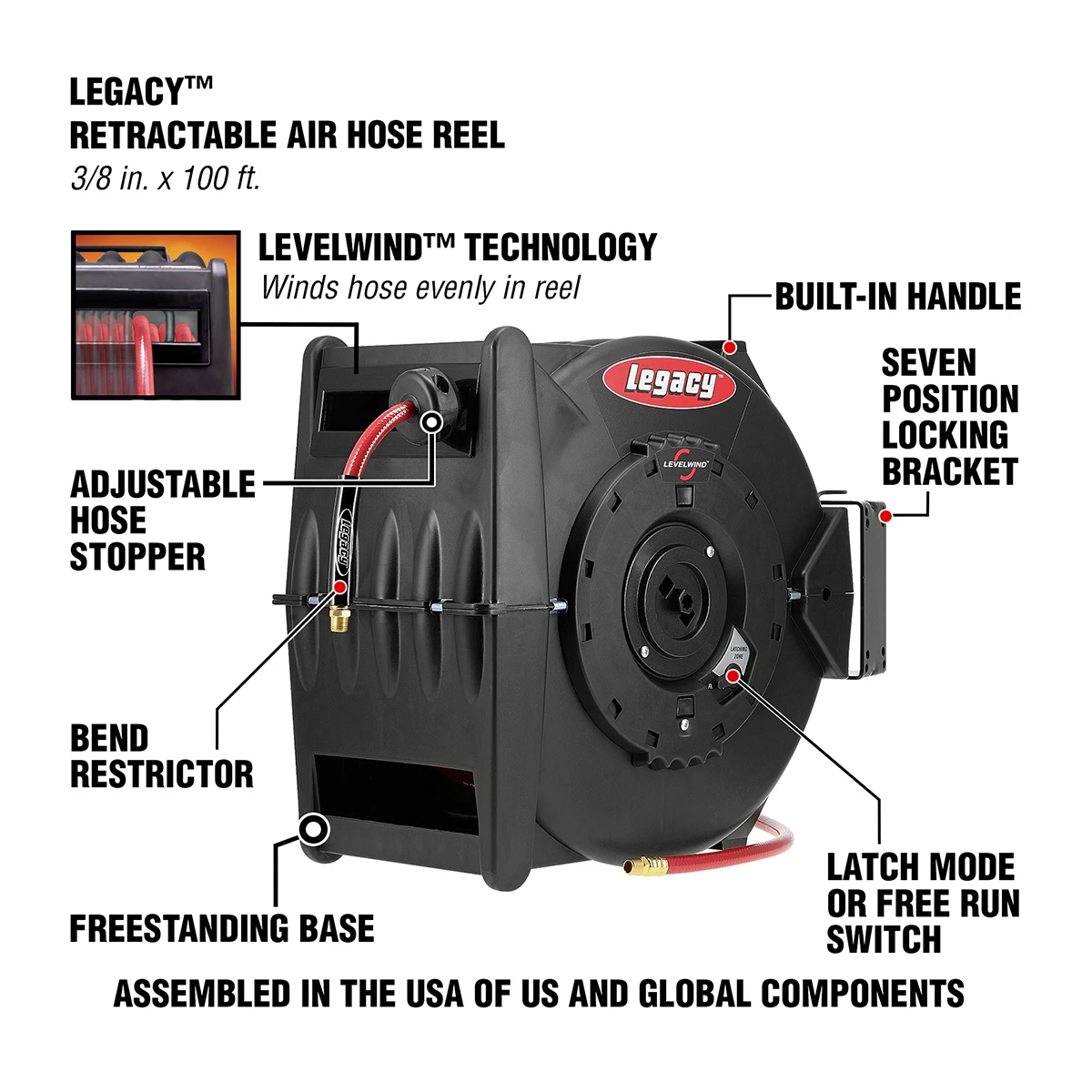 Legacy L8310 3/8 X 100' Air Hose Reel, Levelwind — product image 3