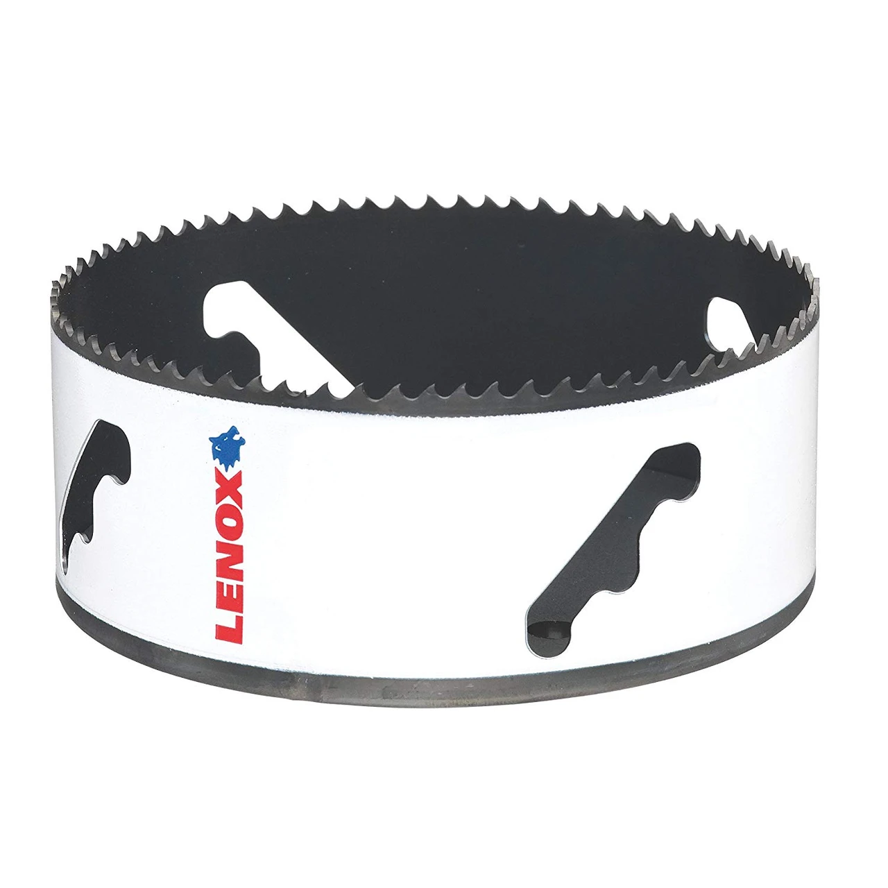 Lenox wide shallow white hole saw showing toothed rim and plug-access slots