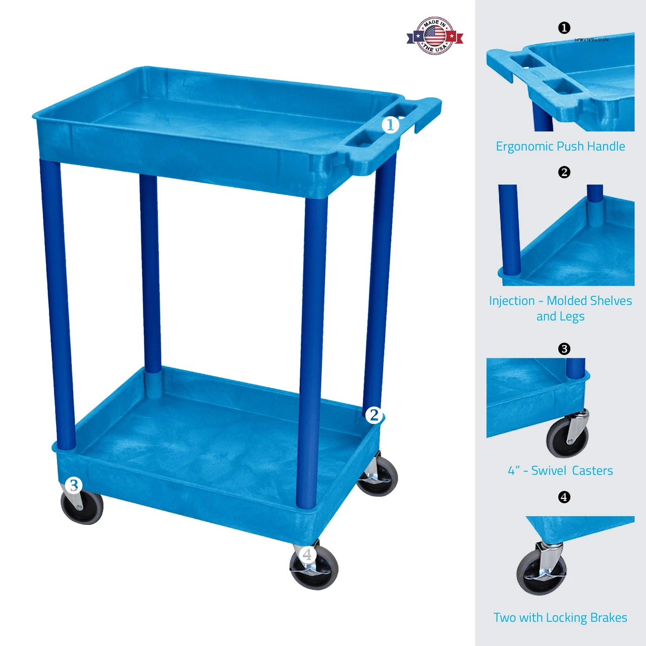 Luxor Workspaces 2 Level Serving Cart, 37.5" H X 24" W X 18" D, Blue (BUSTC11BU) — product image 2