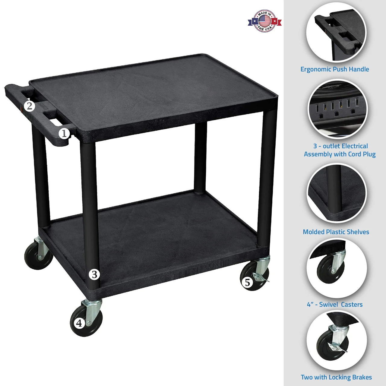Luxor Workspaces 26" H Black 2 Shelf A/V Multipurpose Utility Cart (LP26E-B) — product image 2