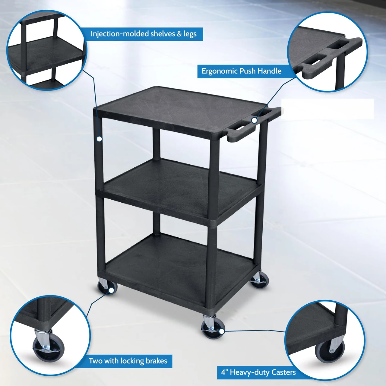 Luxor Workspaces 3 Shelves Structural Foam Plastic Utility Cart, Black (HE42-B) — product image 2