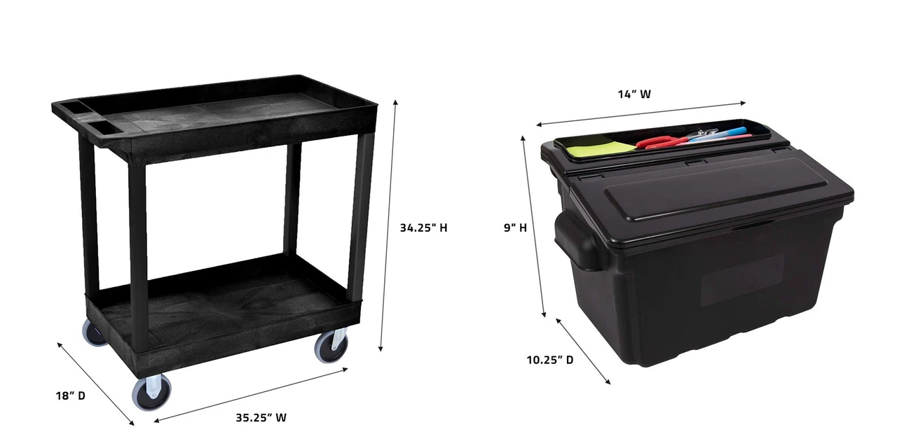 Luxor Workspaces 32"X18" Tub Cart - 2 Shelves W/ Utility Bins (EC11-B-OUTRIG) — product image 3