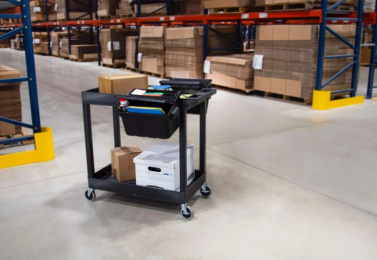 Luxor Workspaces 32"X18" Tub Cart - 2 Shelves W/ Utility Bins (EC11-B-OUTRIG) — product image 4