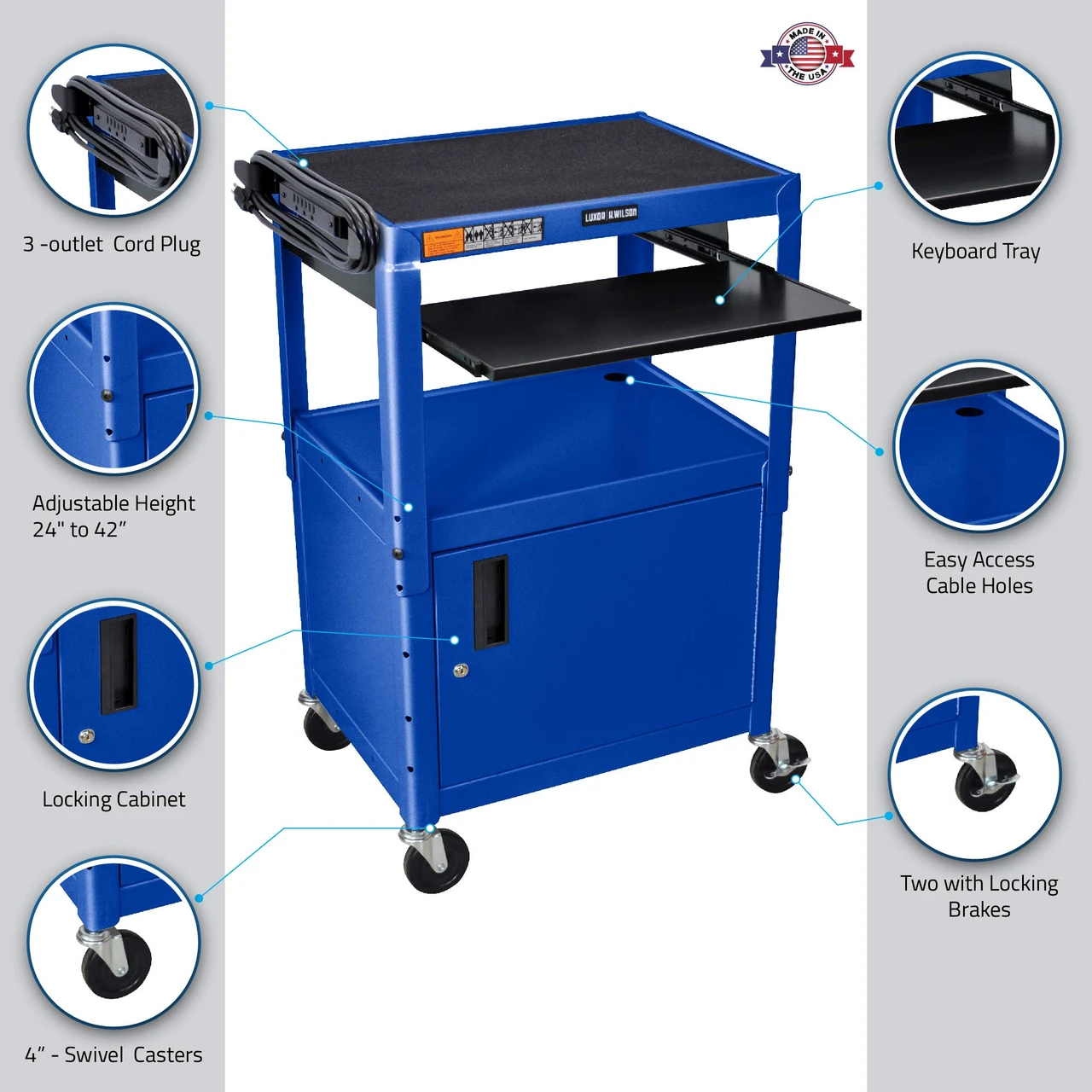 Luxor Workspaces Adj Height Steel Cart W/Locking Cabinet, 400 Lb (AVJ42KBC-RB) — product image 2