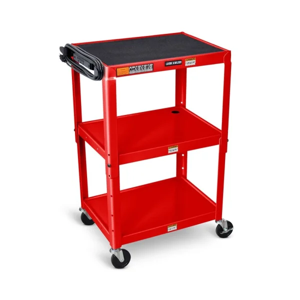 Luxor Workspaces Adjustable-Height Steel Av Cart - Three Shelves, Red (AVJ42-RD)