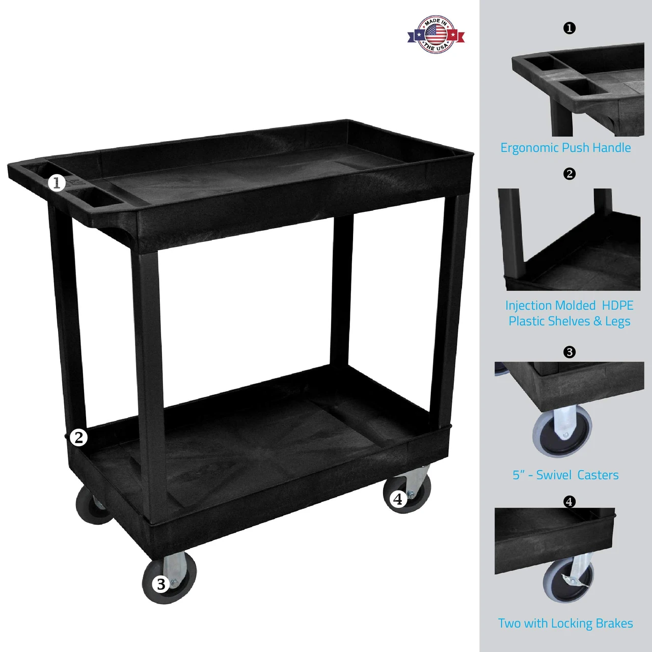 Luxor Workspaces Black 18X32 2 Tub Cart W/ Sp5 Casters (EC11SP5-B) — product image 2