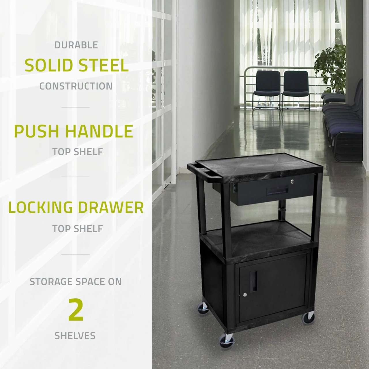 Luxor Workspaces Mobile 42" H Storage Av Utility Cart, 3 Shelves (WT42C2E-B/WTD) — product image 4