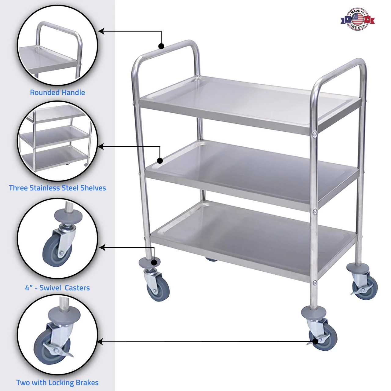 Luxor Workspaces Stainless Steel Cart, 3 Shelves (L100S3) — product image 3