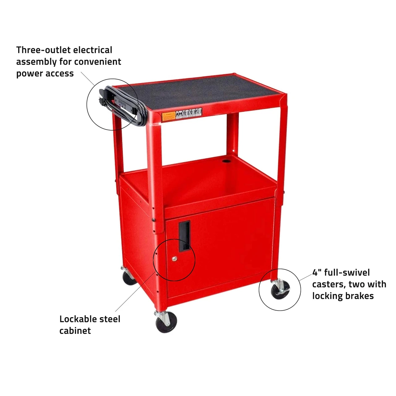 Luxor Workspaces Steel Adjustable Av Cart With Cabinet, Red (AVJ42C-RD) — product image 2