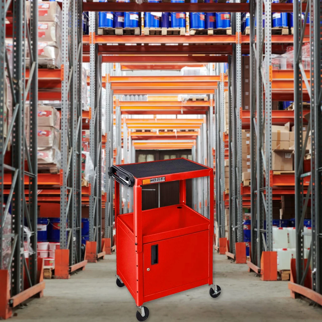 Luxor Workspaces Steel Adjustable Av Cart With Cabinet, Red (AVJ42C-RD) — product image 4
