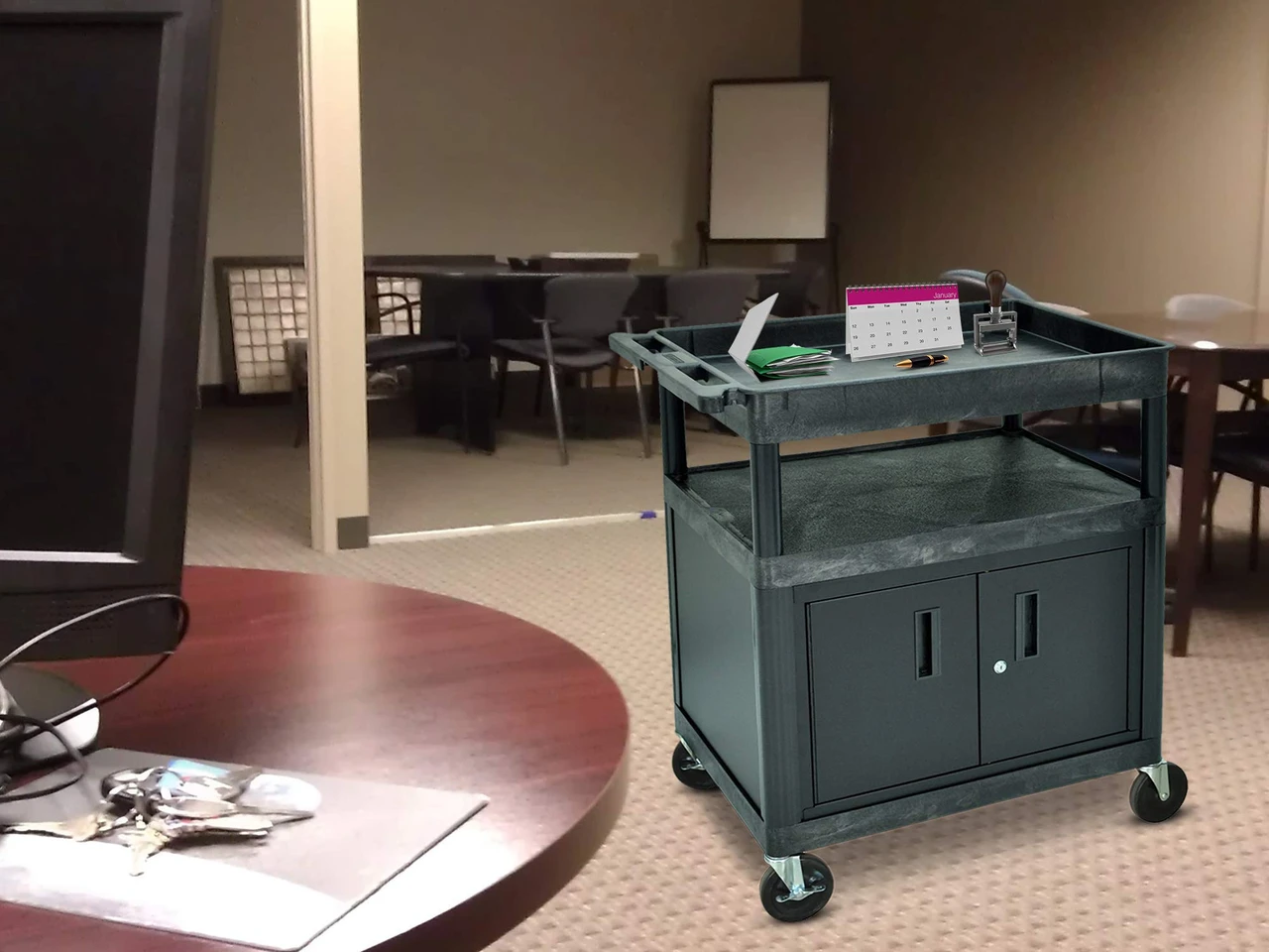 Luxor Workspaces Tub Top Utility Cart W/ Cabinet, 39.5"X32"X24",Black (TC122C-B) — product image 2