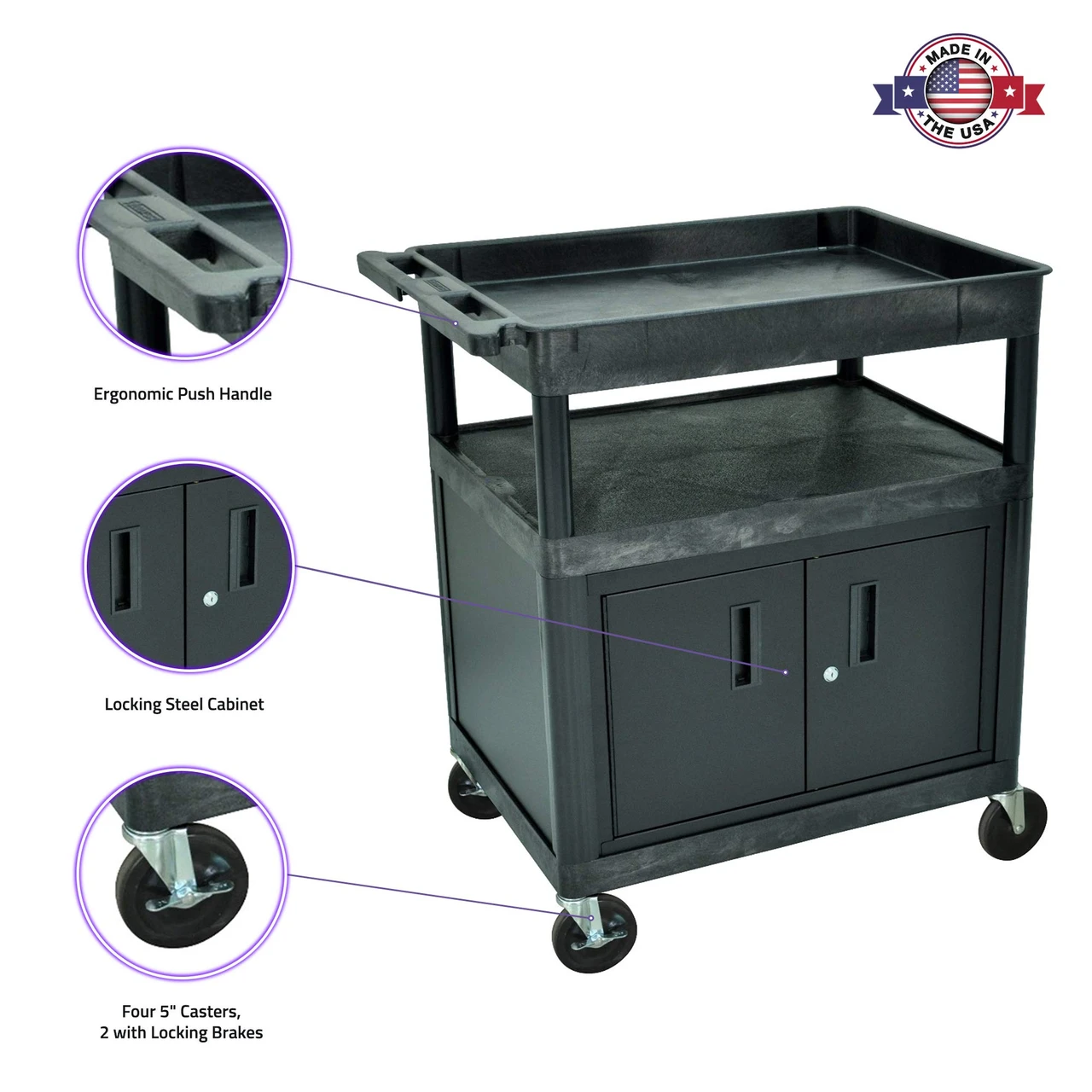 Luxor Workspaces Tub Top Utility Cart W/ Cabinet, 39.5"X32"X24",Black (TC122C-B) — product image 3