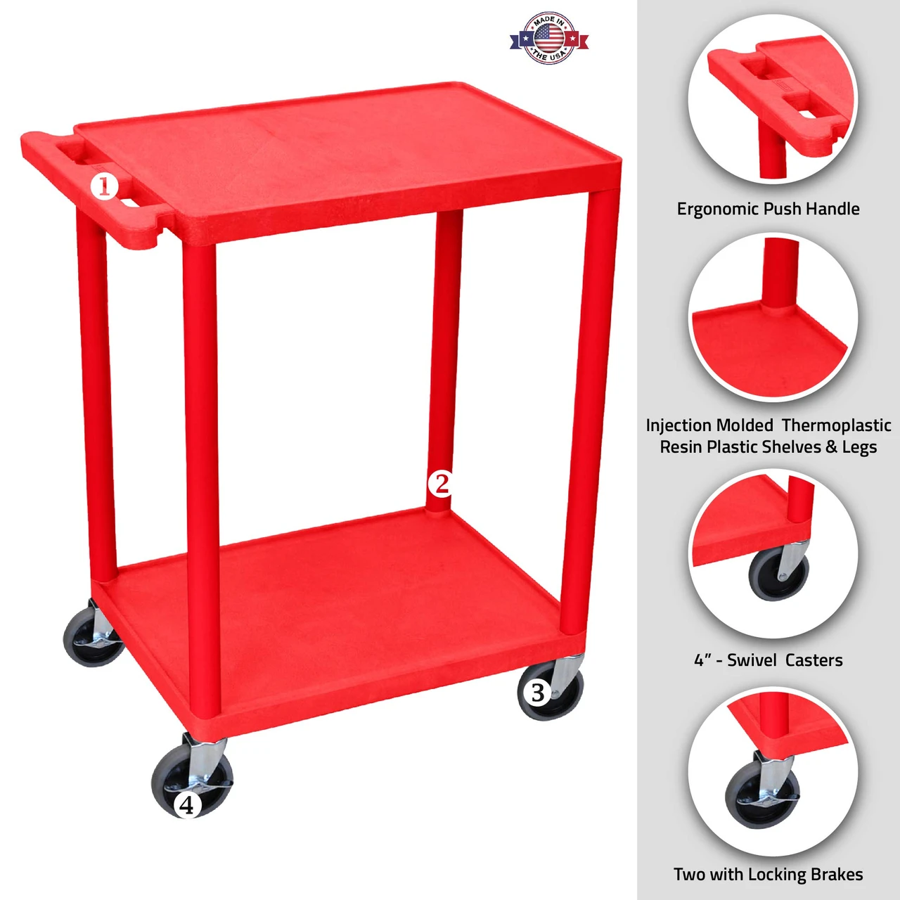 Luxor Workspaces Utility Cart, 33.5", Red (HE32-RD) — product image 2