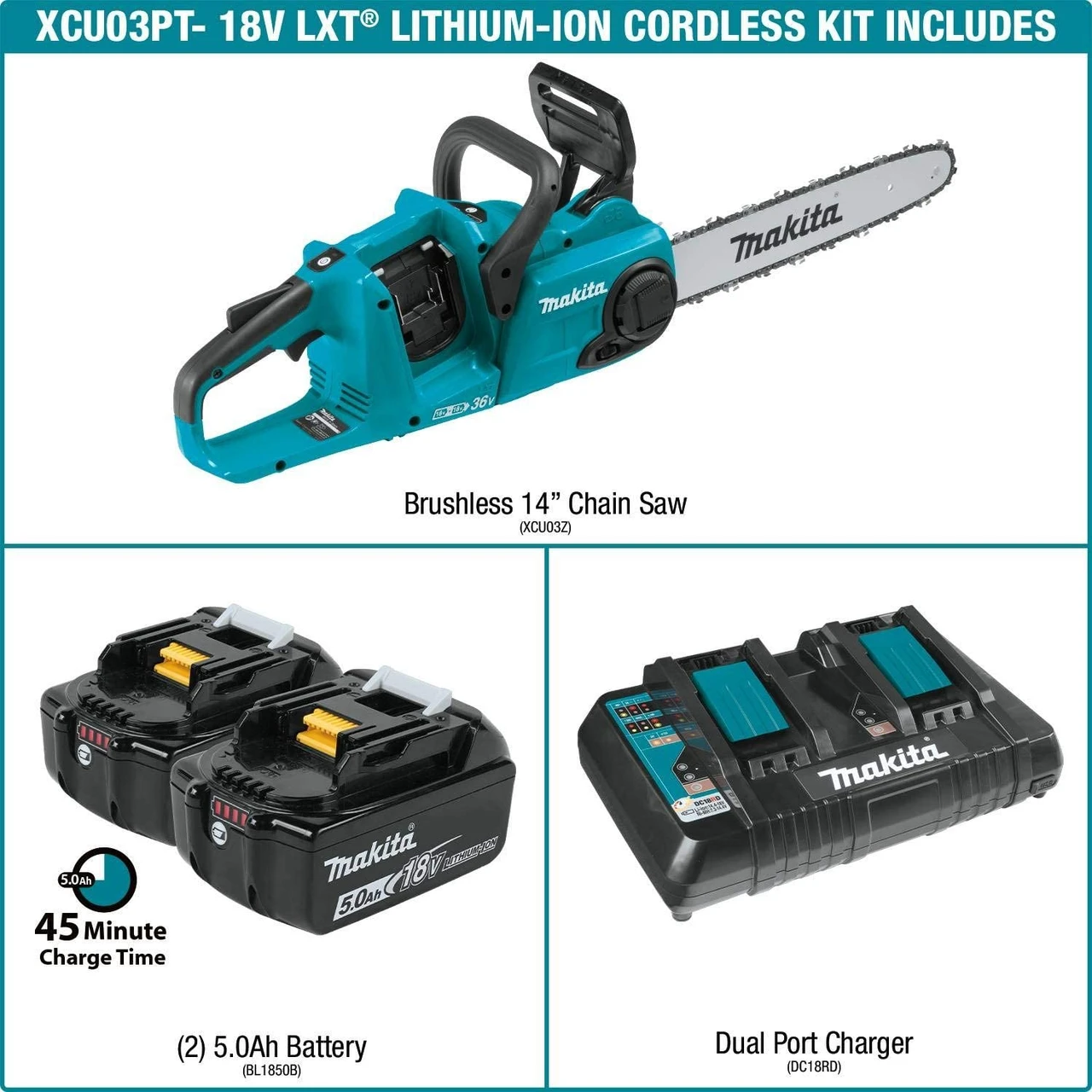 Makita XCU03PT 18V X2 (36V) LXT Lithium-Ion Brushless Cordless 14" Chain Saw Kit, Teal — product image 3