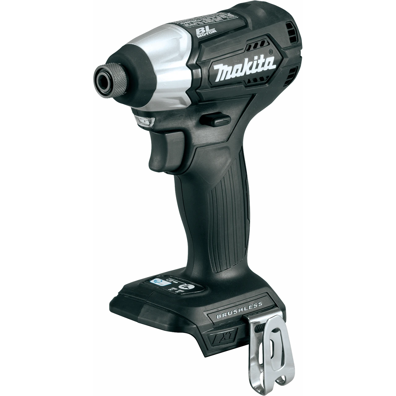 Makita XDT15ZB black sub-compact impact driver with hex nose and bare battery base