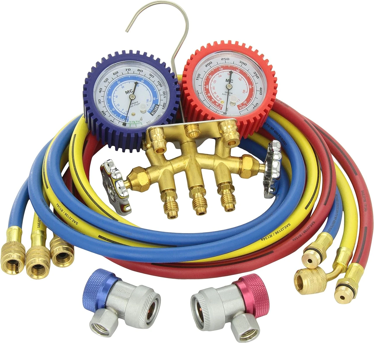 Mastercool 84772-G Brass R134A 2 Way Manifold Gauge Set with 72" Hoses