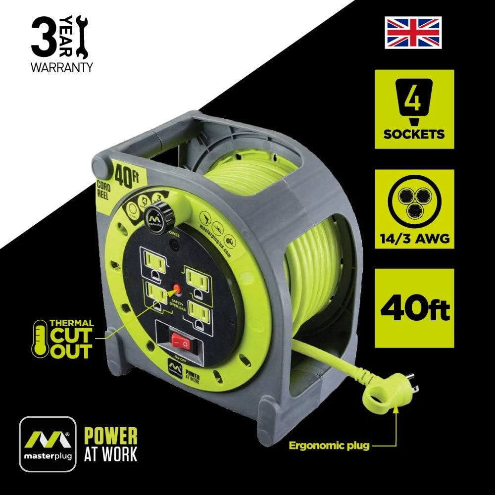 Masterplug 40Ft 4 Sockets 10A 16Awg Cassette Cable Reel (HMA401214G4SL-US) — product image 2