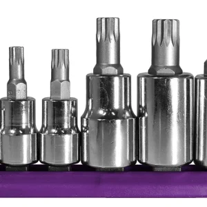 Nine Mayhew 16024 triple square bit sockets on a purple rail