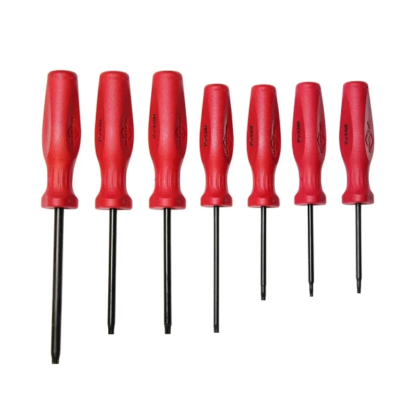 Seven Mayhew 27031T Torx screwdrivers with red handles